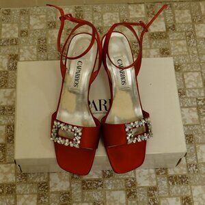 Red Silk Open Toe Heels with Rhinestone Crystal Details; Caparros Lasso; Women S